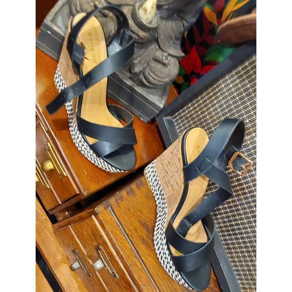 Bamboo Platform Lightweight Wedge Sandals in Black, Cork, Woven. Size 8.5 - Picture 1 of 10